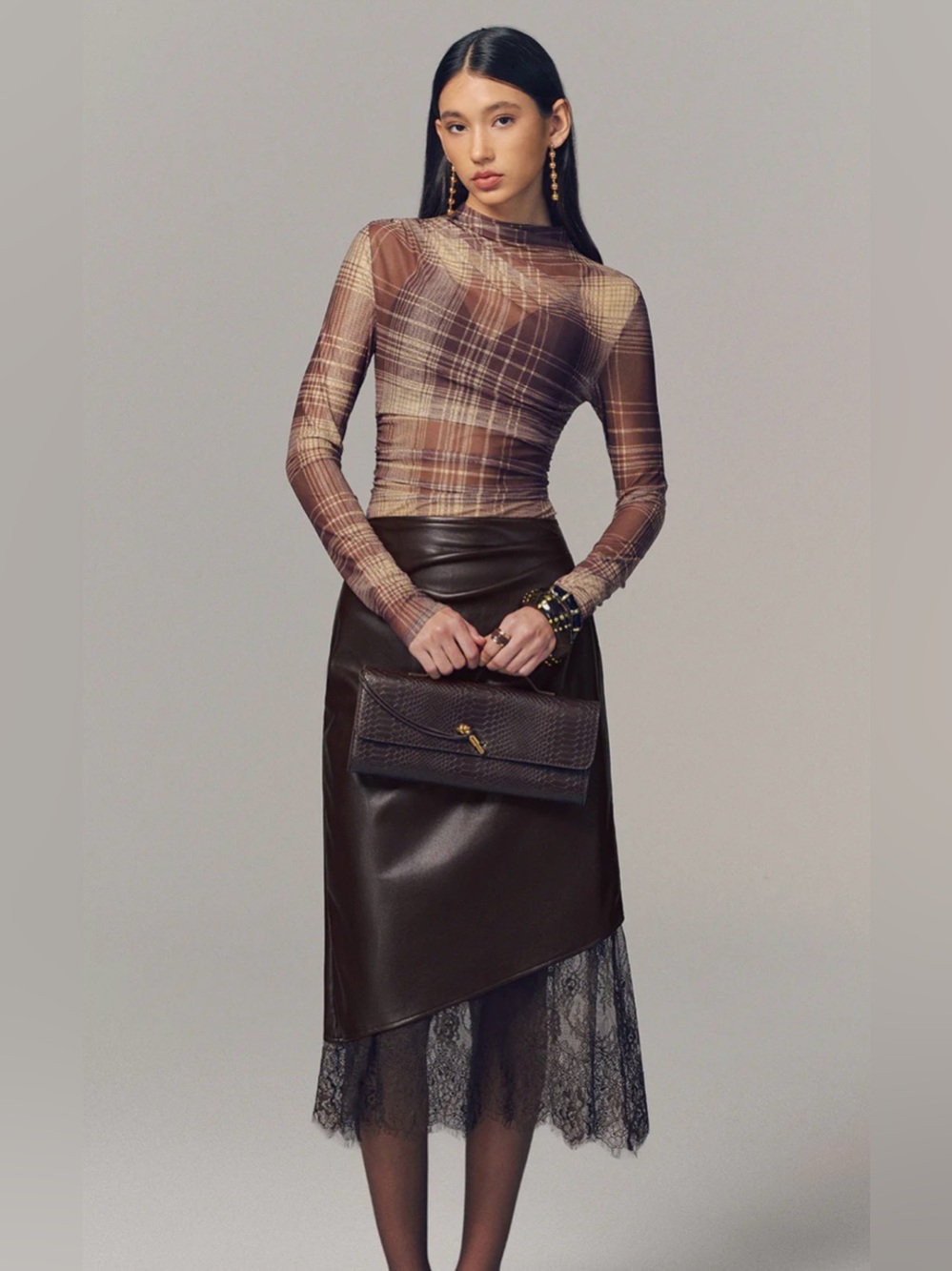 Commense Semi-Sheer Plaid Mesh Top -large